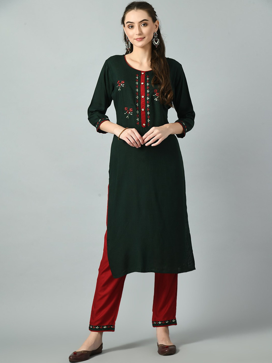 

DesiNoor.com Women Floral Embroidered Kurta with Trousers & Dupatta, Green