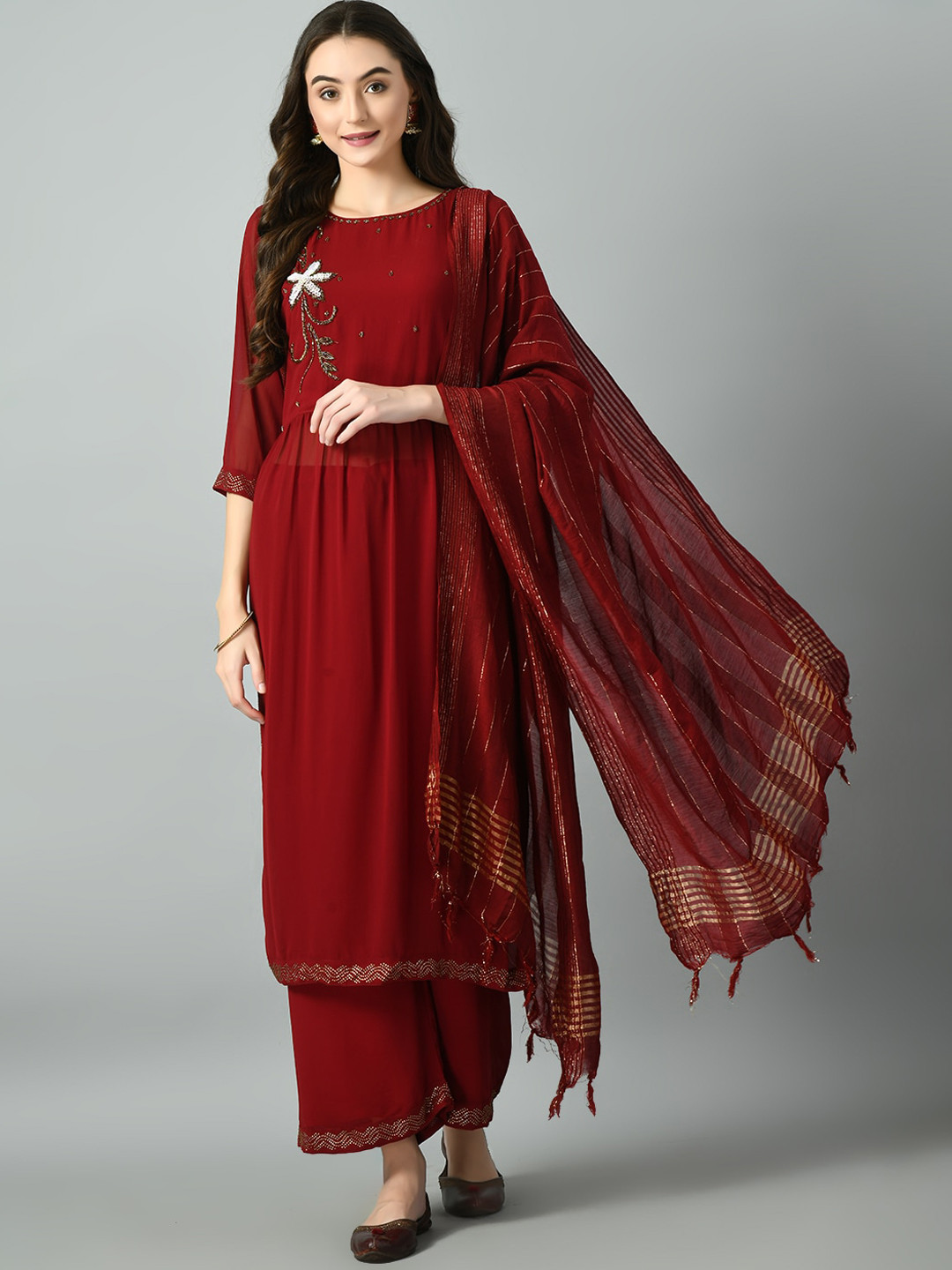

DesiNoor.com Floral Embroidered Sequined Georgette Kurta with Palazzos & Dupatta, Maroon