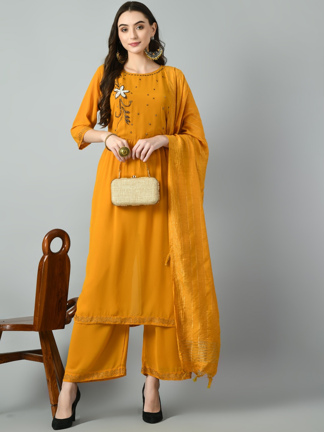 DesiNoor.com Floral Embroidered Sequined Georgette Kurta with Palazzos & Dupatta, Yellow