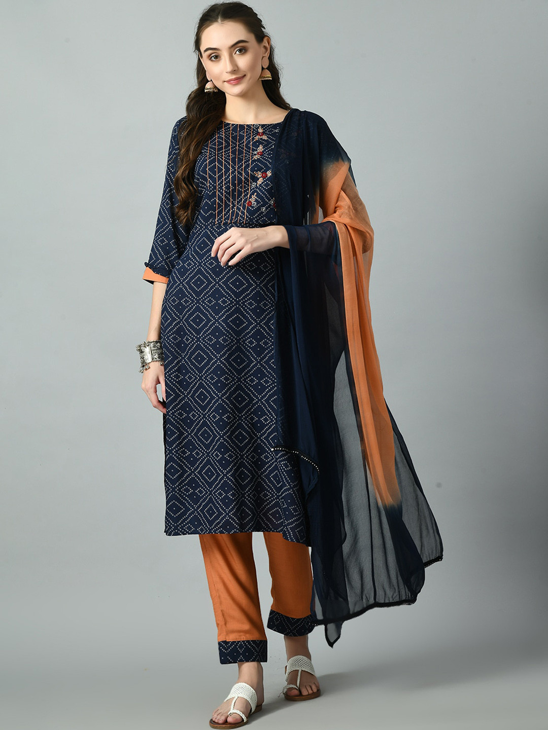 

DesiNoor.com Bandhani Printed Thread Work Kurta with Trouser & Dupatta, Navy blue