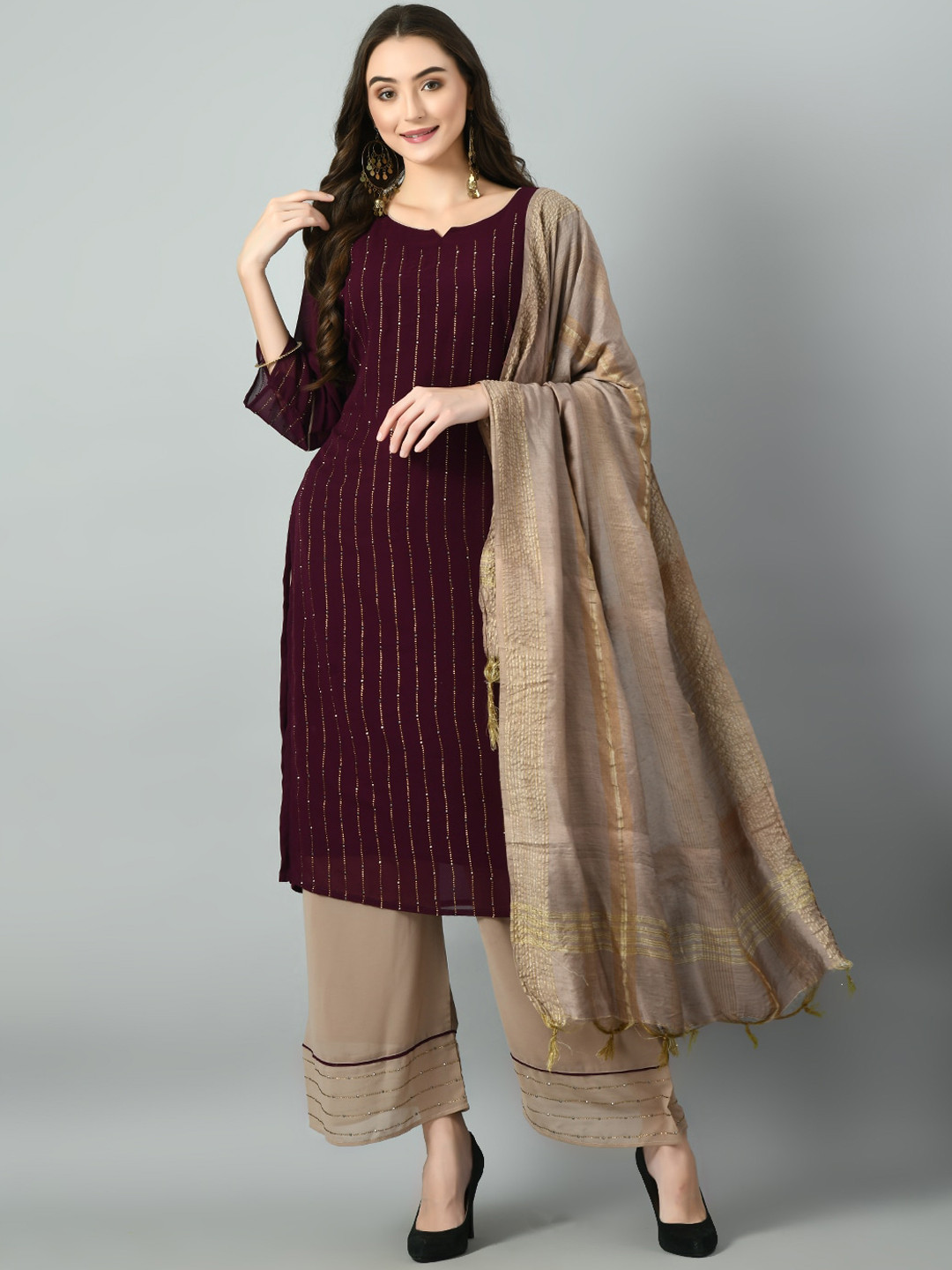 

DesiNoor.com Striped Beads and Stones Straight Kurta with Palazzos & Dupatta, Burgundy