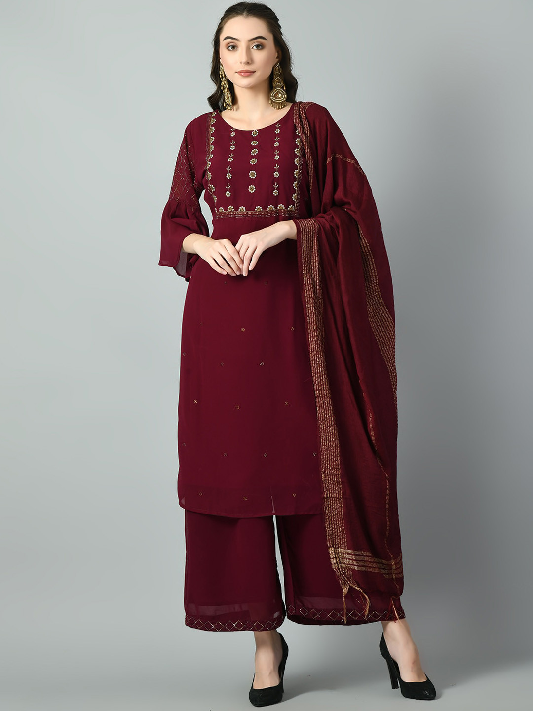 

DesiNoor.com Ethnic Motifs Embroidered Beads & Stones Kurta & Palazzos With Dupatta, Burgundy
