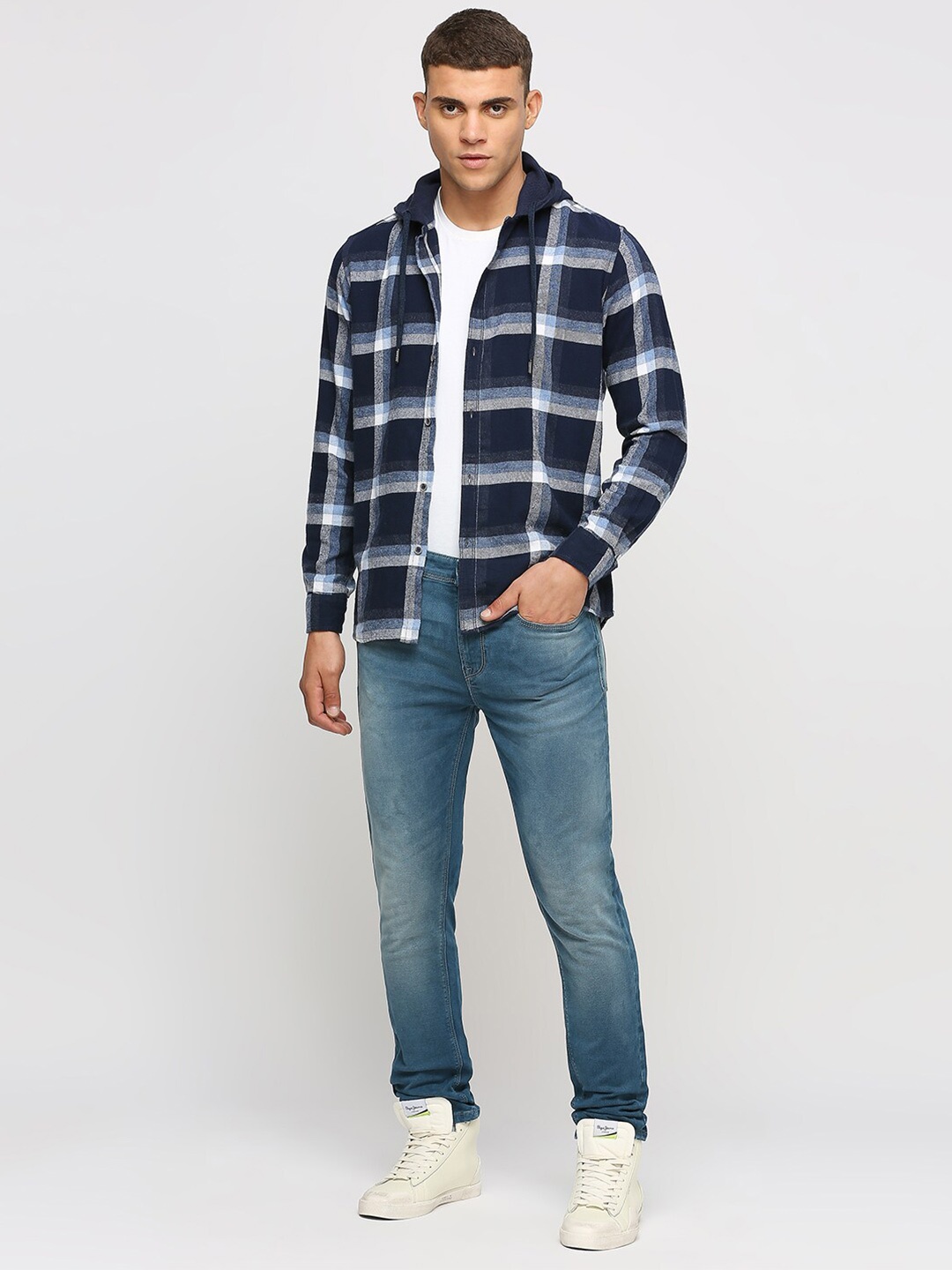 

Pepe Jeans Checked Hooded Cotton Casual Shirt, Blue