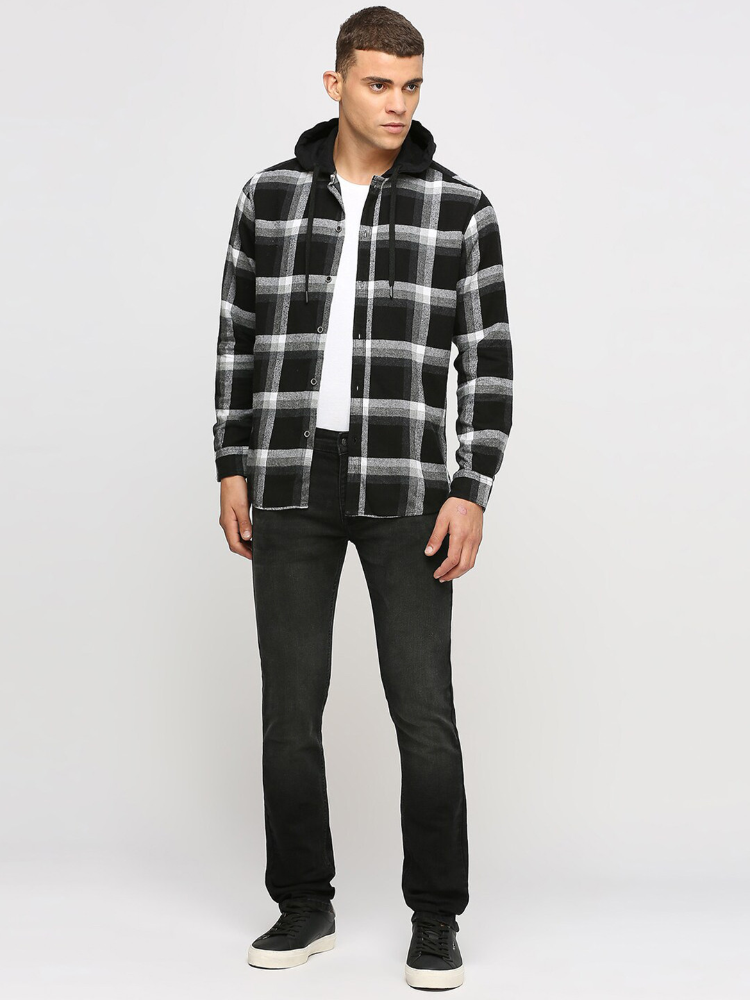 

Pepe Jeans Tartan Checked Hooded Cotton Casual Shirt, Black