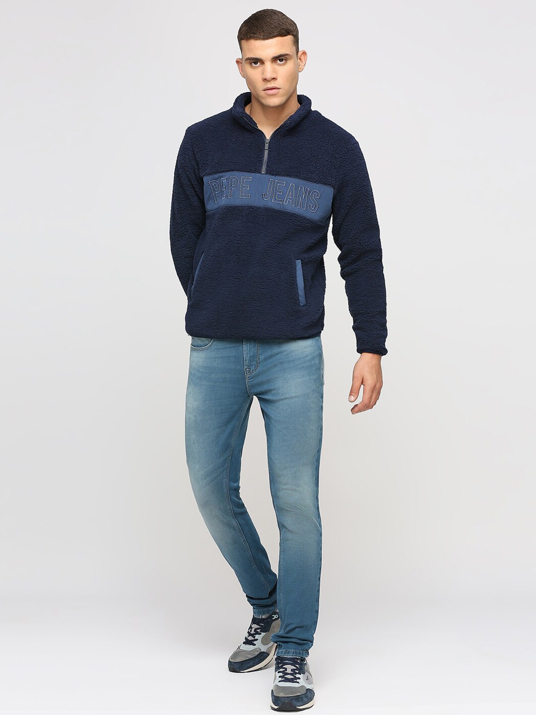 

Pepe Jeans Embroidered Mock Collar Half Zipper Pullover, Blue