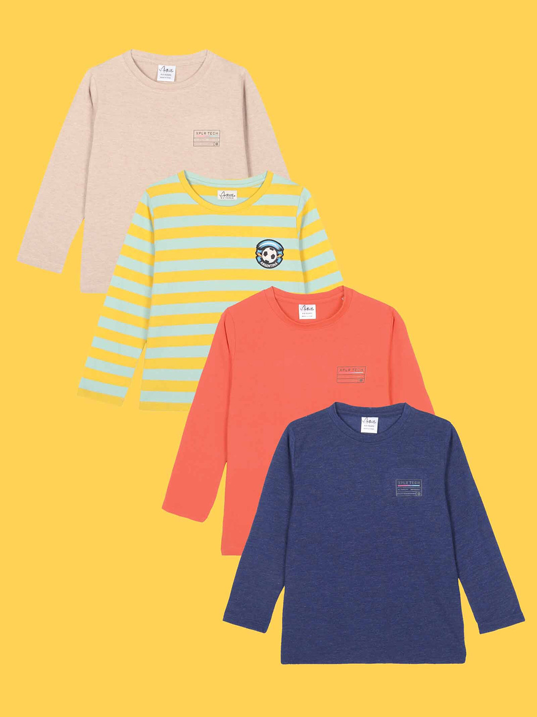 

Anthrilo Boys Pack Of 4 Round Neck Long Sleeve Regular T-shirt, Beige