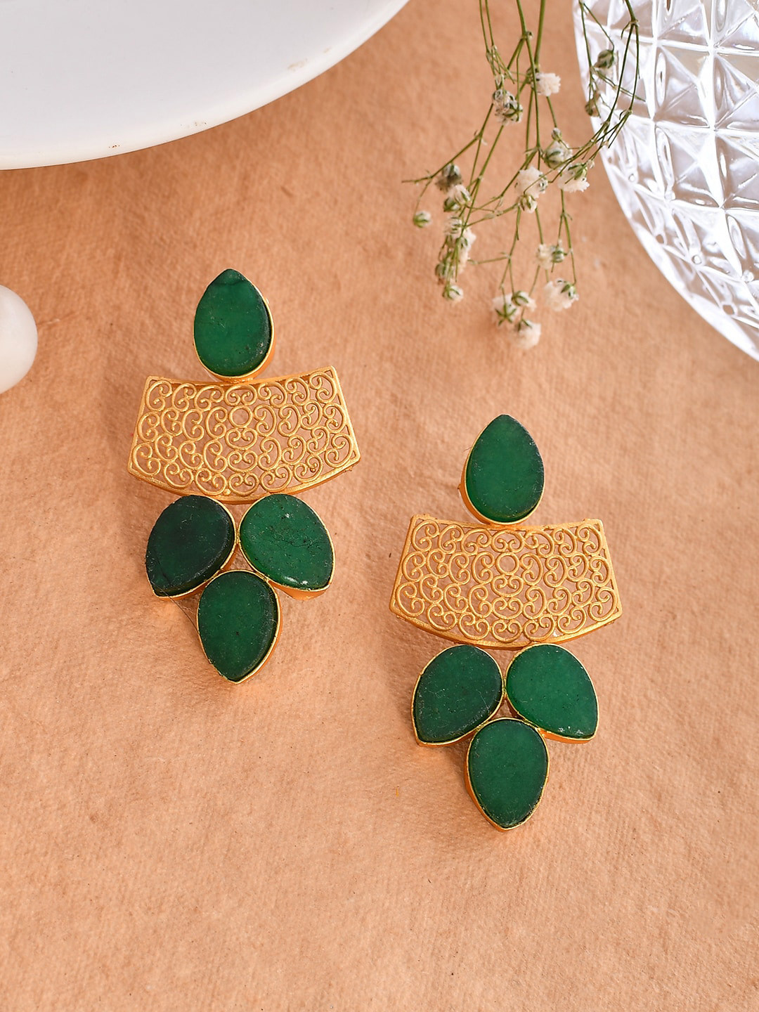 

Silvermerc Designs Gold Plated Floral Shaped Drop Earrings, Green