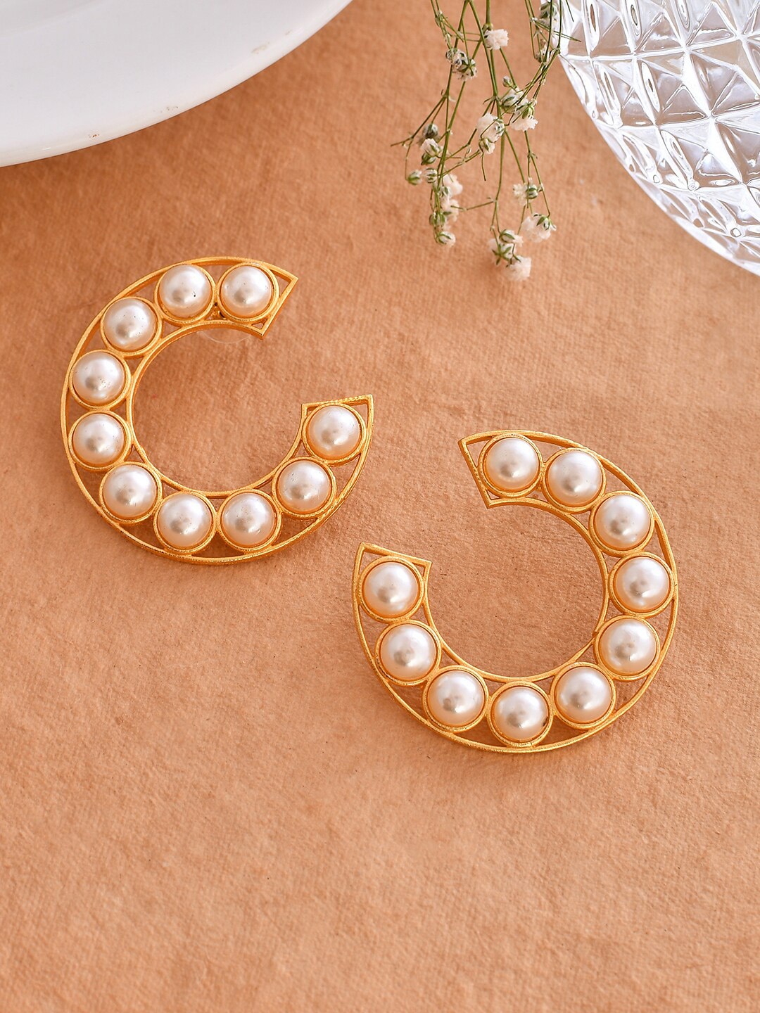 

Silvermerc Designs Gold Plated Contemporary Shaped Half Hoop Earrings, White