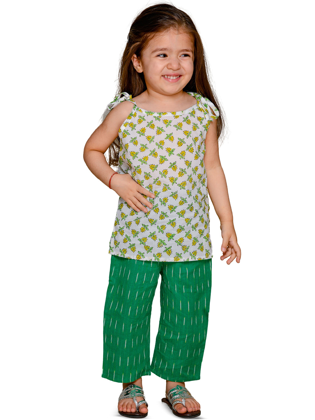 

Tiny Bunnies Girls Printed Shoulder Straps Pure Cotton Top with Trousers, White