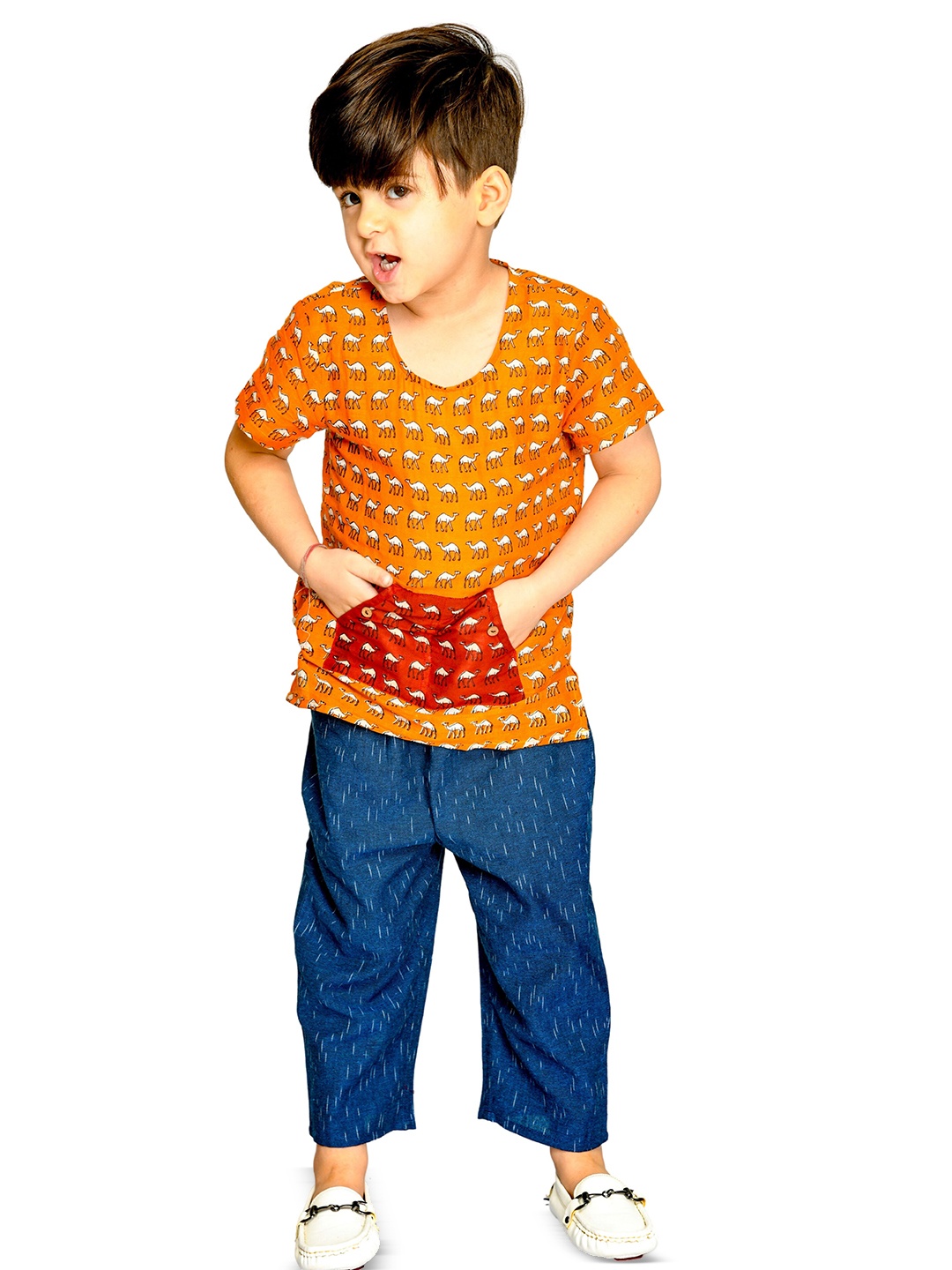 

Tiny Bunnies Boys Printed Round Neck Pure Cotton Shirt With Trousers, Orange