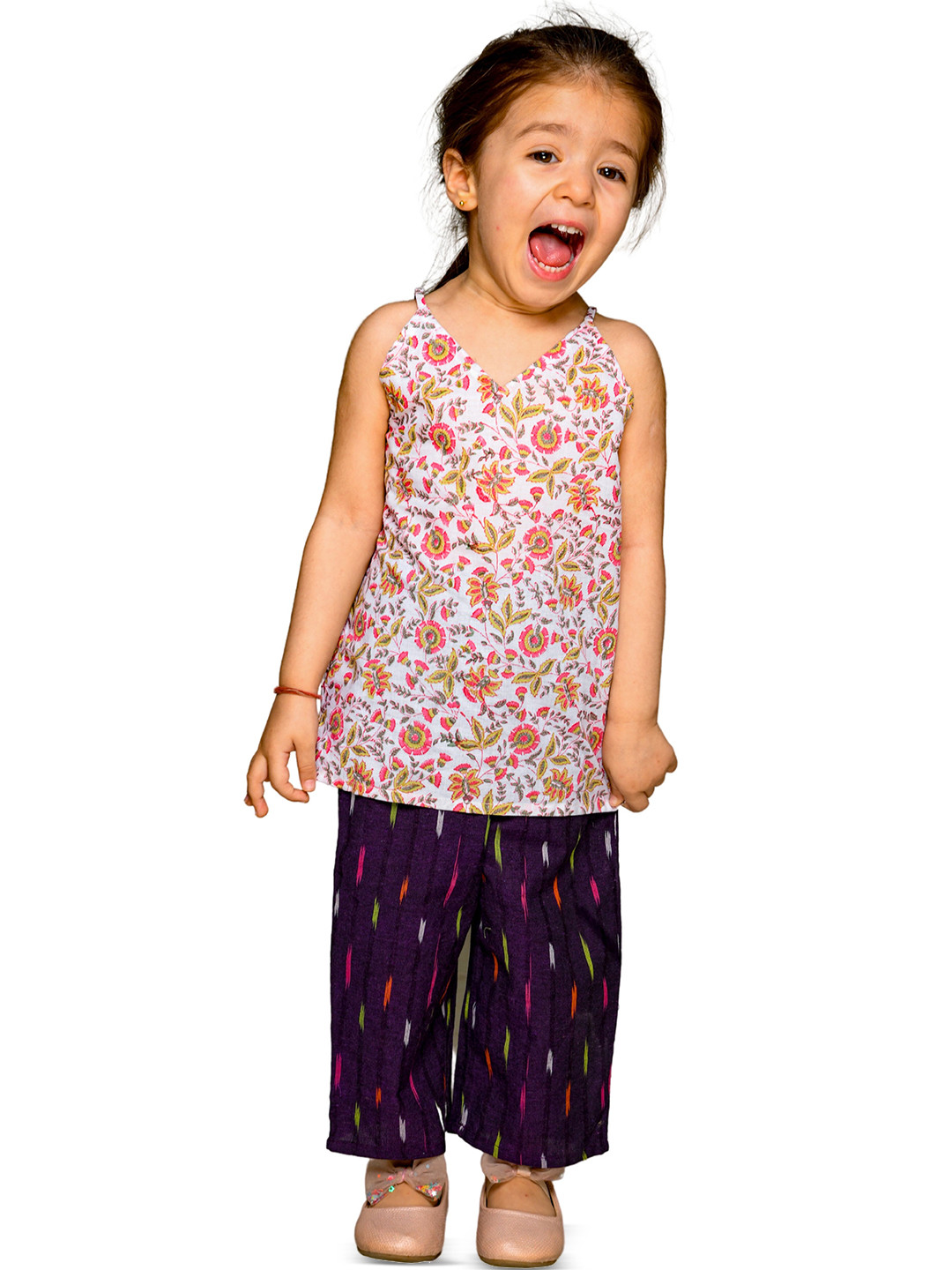 

Tiny Bunnies Girls Printed Shoulder Straps Pure Cotton Top with Trousers, White