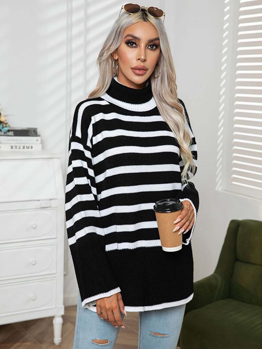 

StyleCast Striped Turtle Neck Acrylic Pullover Sweater, Black