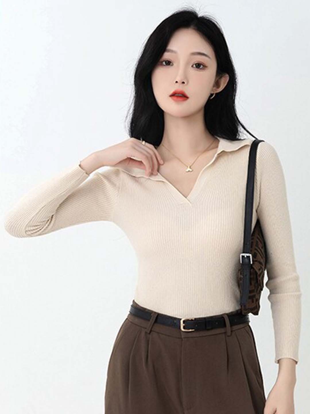 

StyleCast Ribbed Shirt Collar Fitted Top, Beige