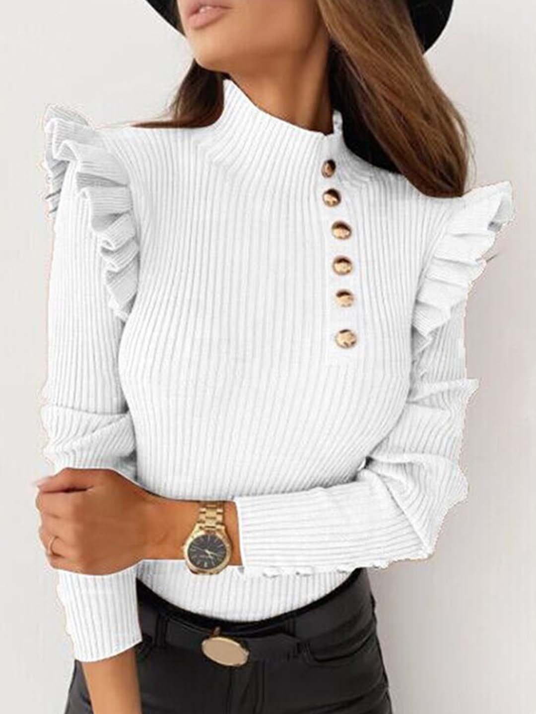 

StyleCast White High Neck Button Detailed Pullover