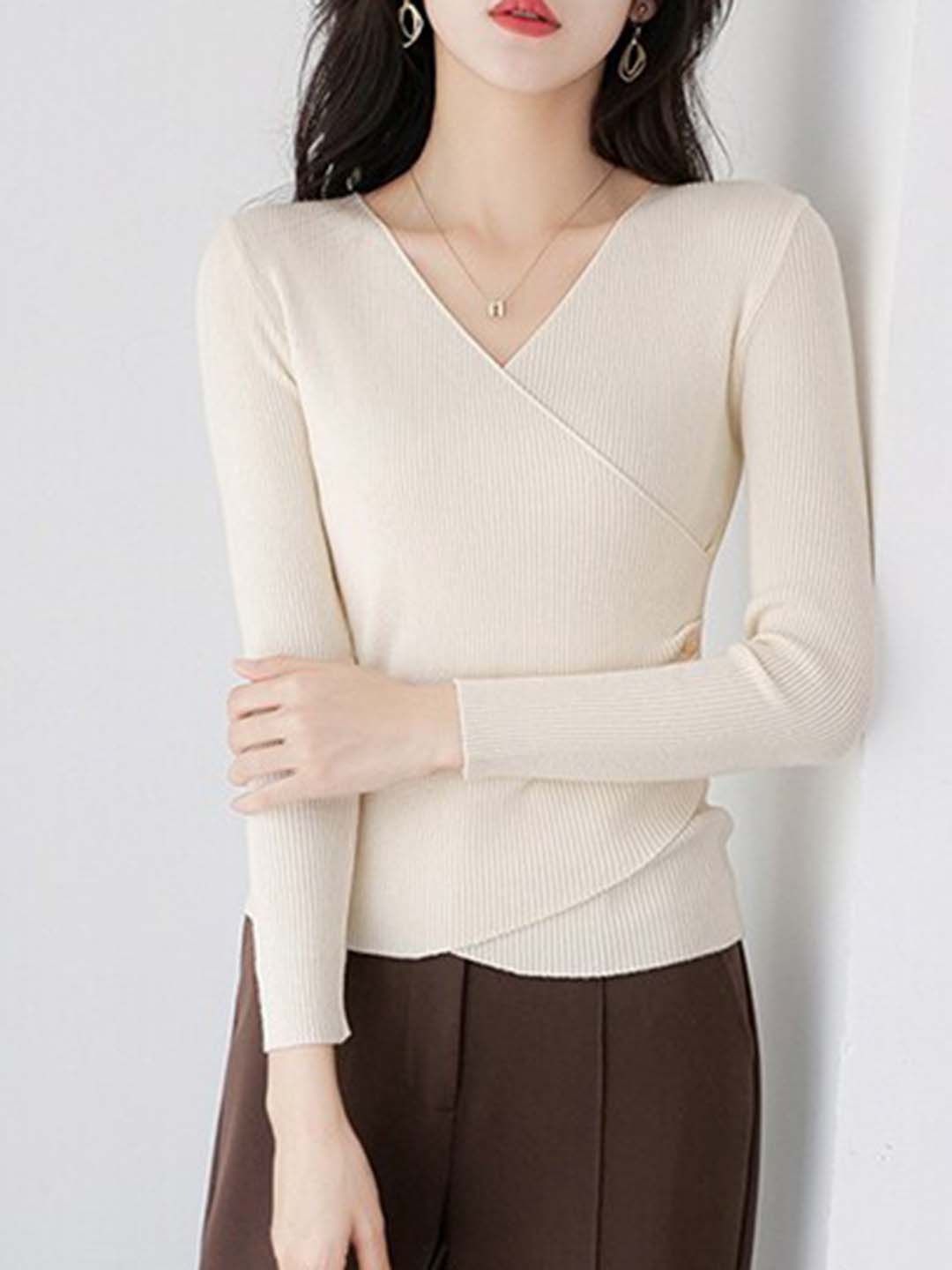 

StyleCast V-Neck Fitted Wrap Top, Beige