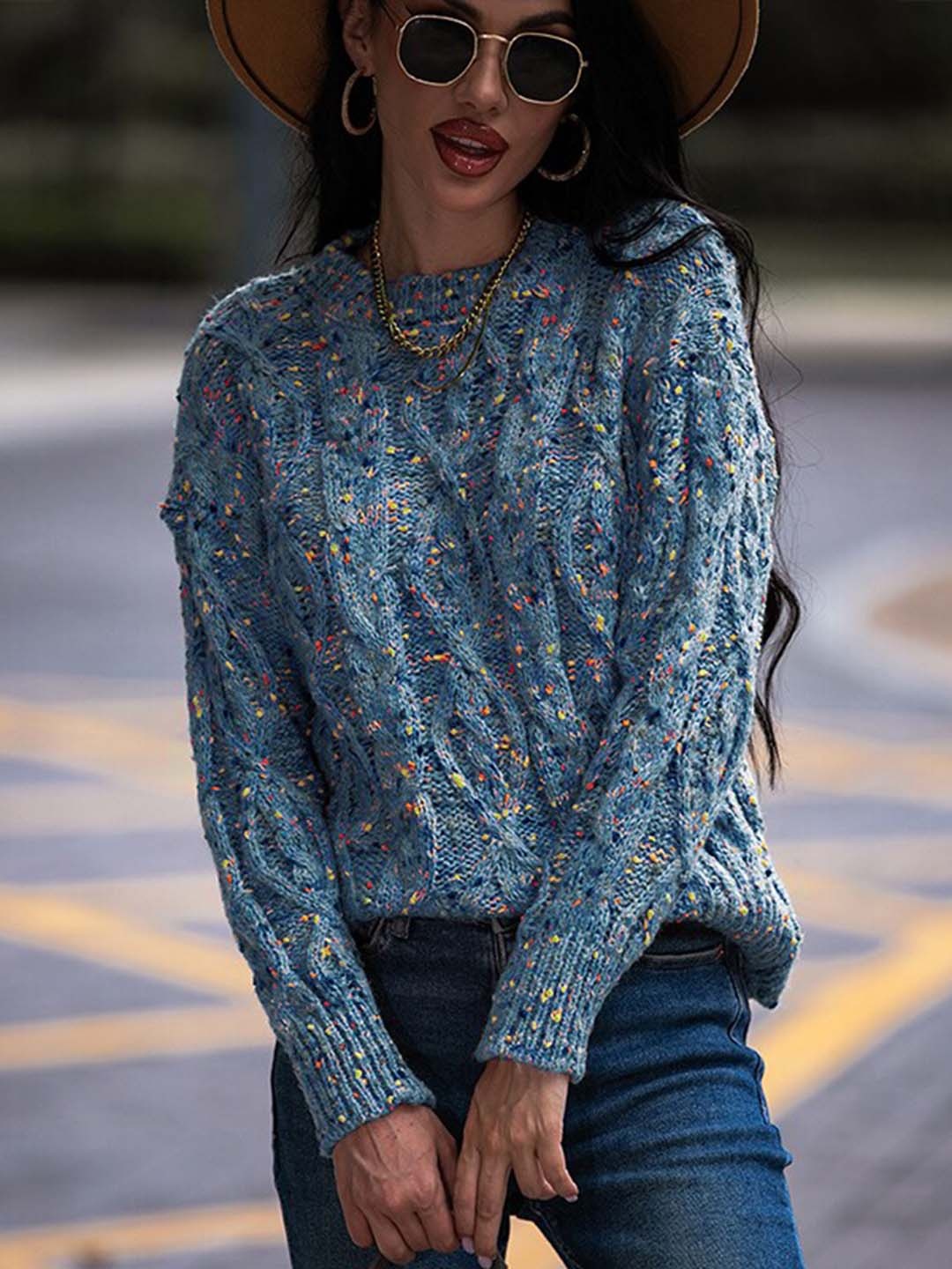 

StyleCast Blue Cable Knit Self Design Round Neck Pullover Sweater