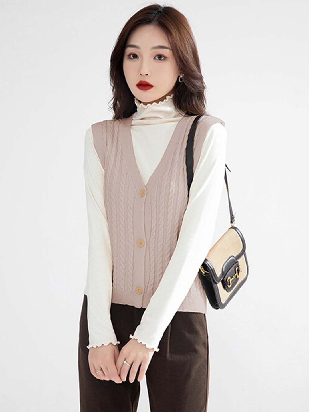 

StyleCast Khaki Cable Knit Self Design V-Neck Sleeveless Sweater Vest