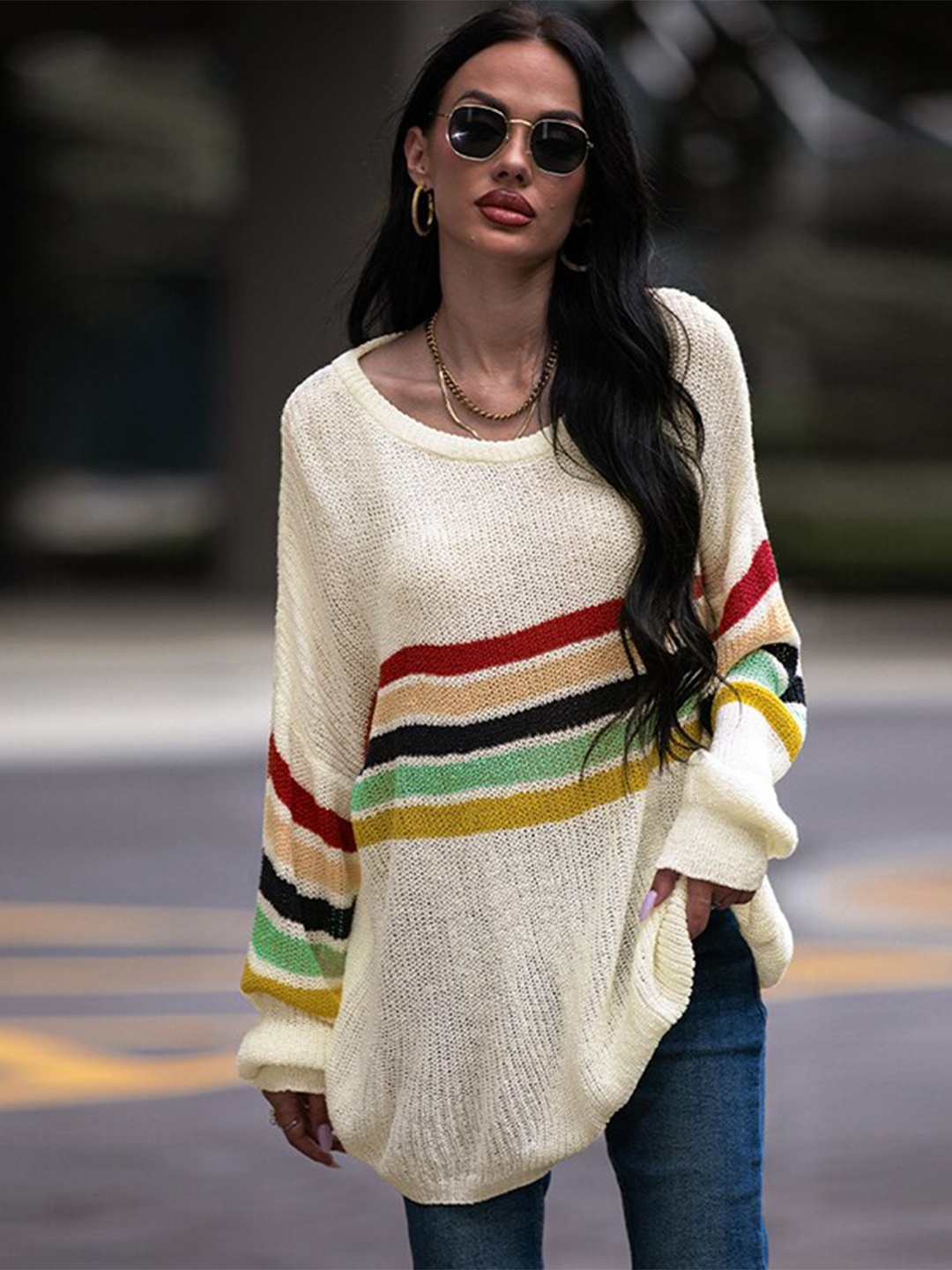 

StyleCast Striped Longline Acrylic Pullover Sweater, White