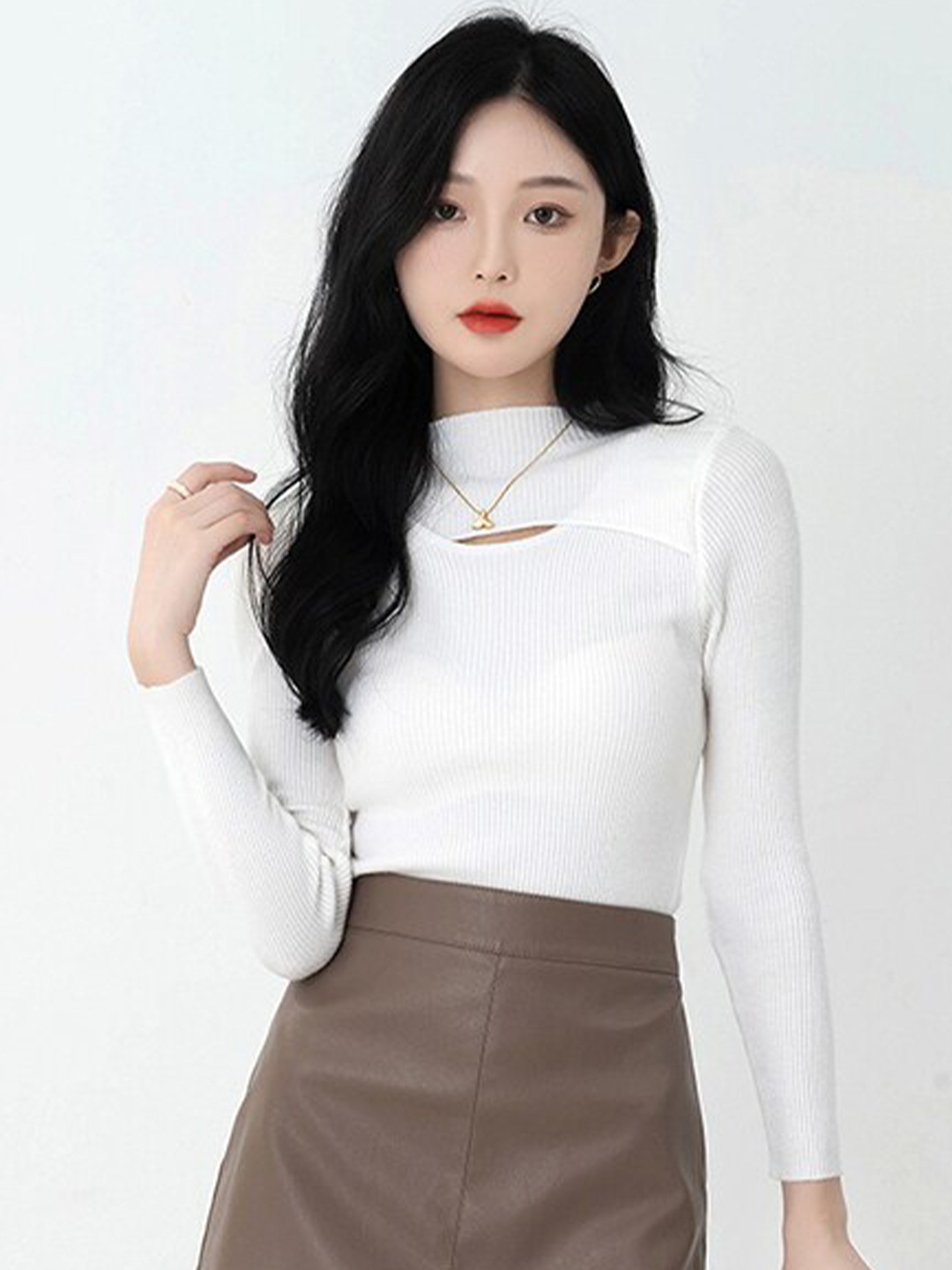 

StyleCast White Ribbed High Neck Cut Outs Fitted Top
