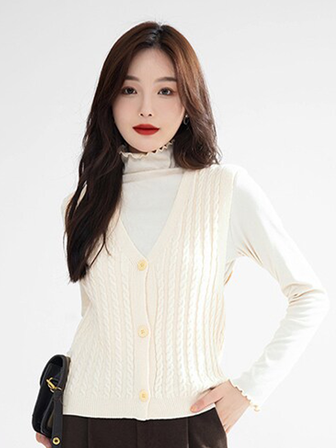 

StyleCast Beige Self Design Cable Knit Cardigan Sweater