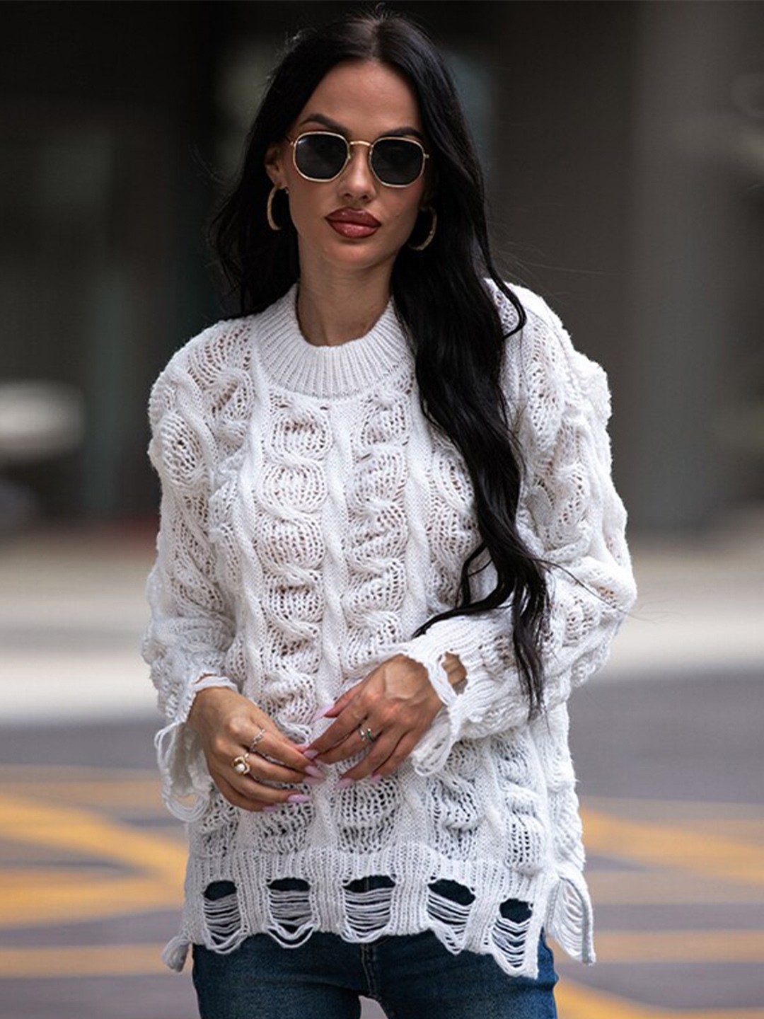 

StyleCast White Cable Knit Self Design Round Neck Pullover Sweater