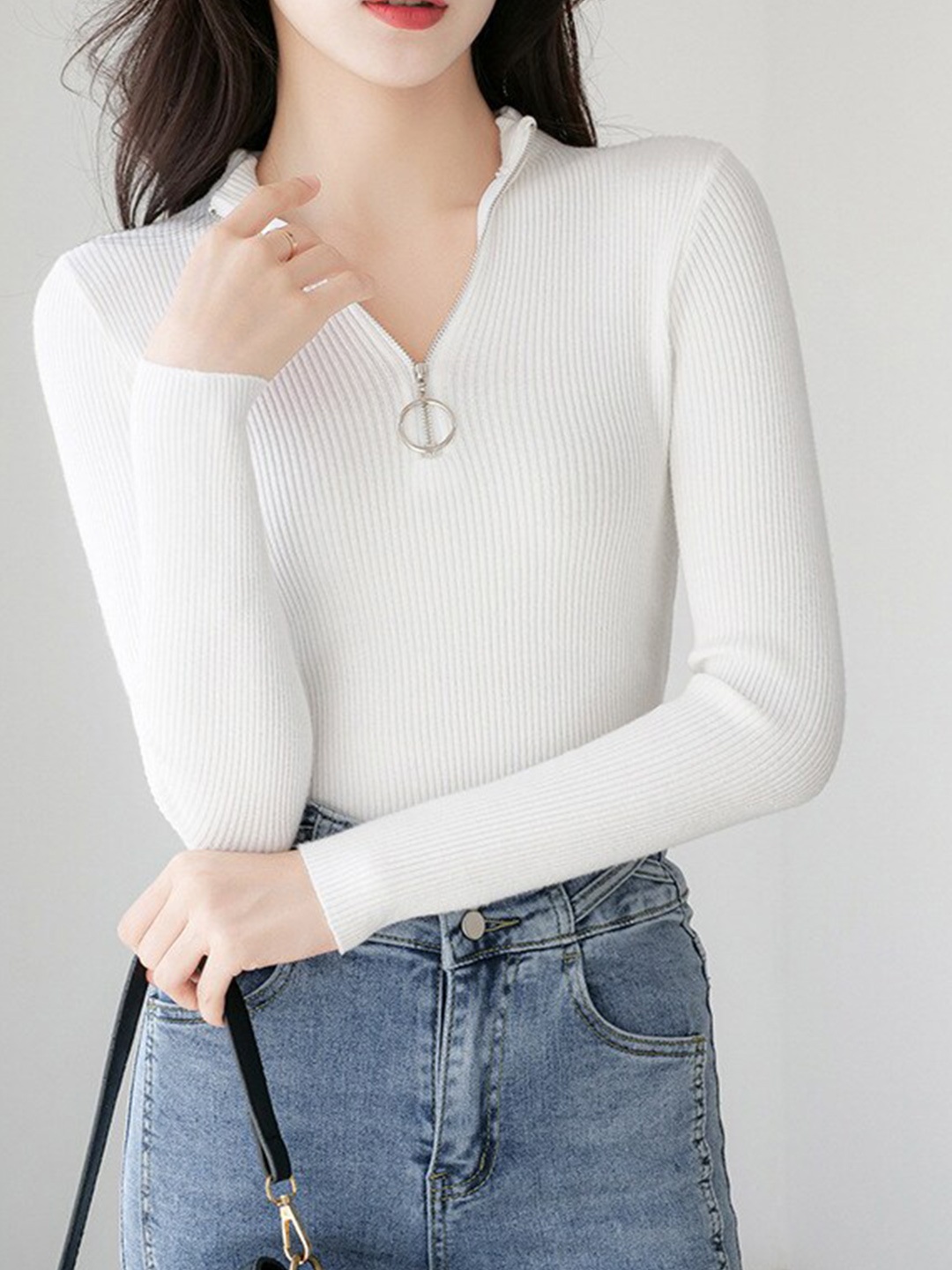 

StyleCast White Ribbed Mock Collar Half Zipper Pullover Sweater