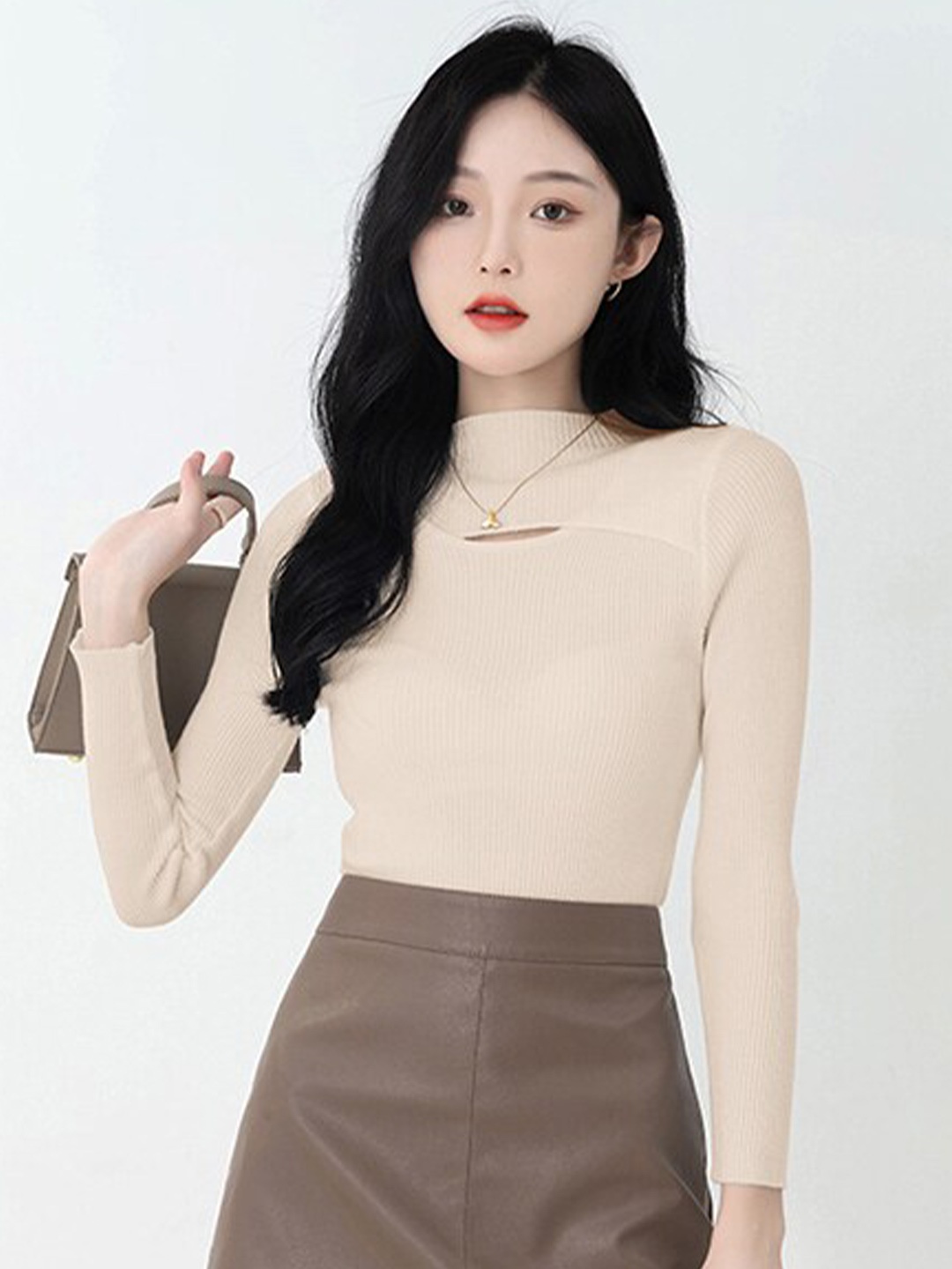 

StyleCast High Neck Cut Out Pullover, Beige