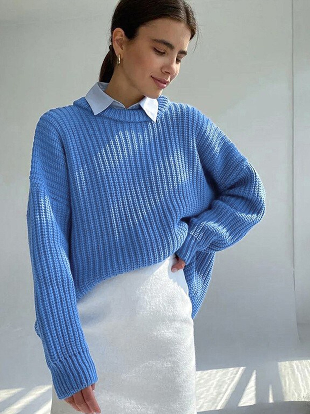 

StyleCast Blue Cable Knit Long Sleeves Pullover Sweater