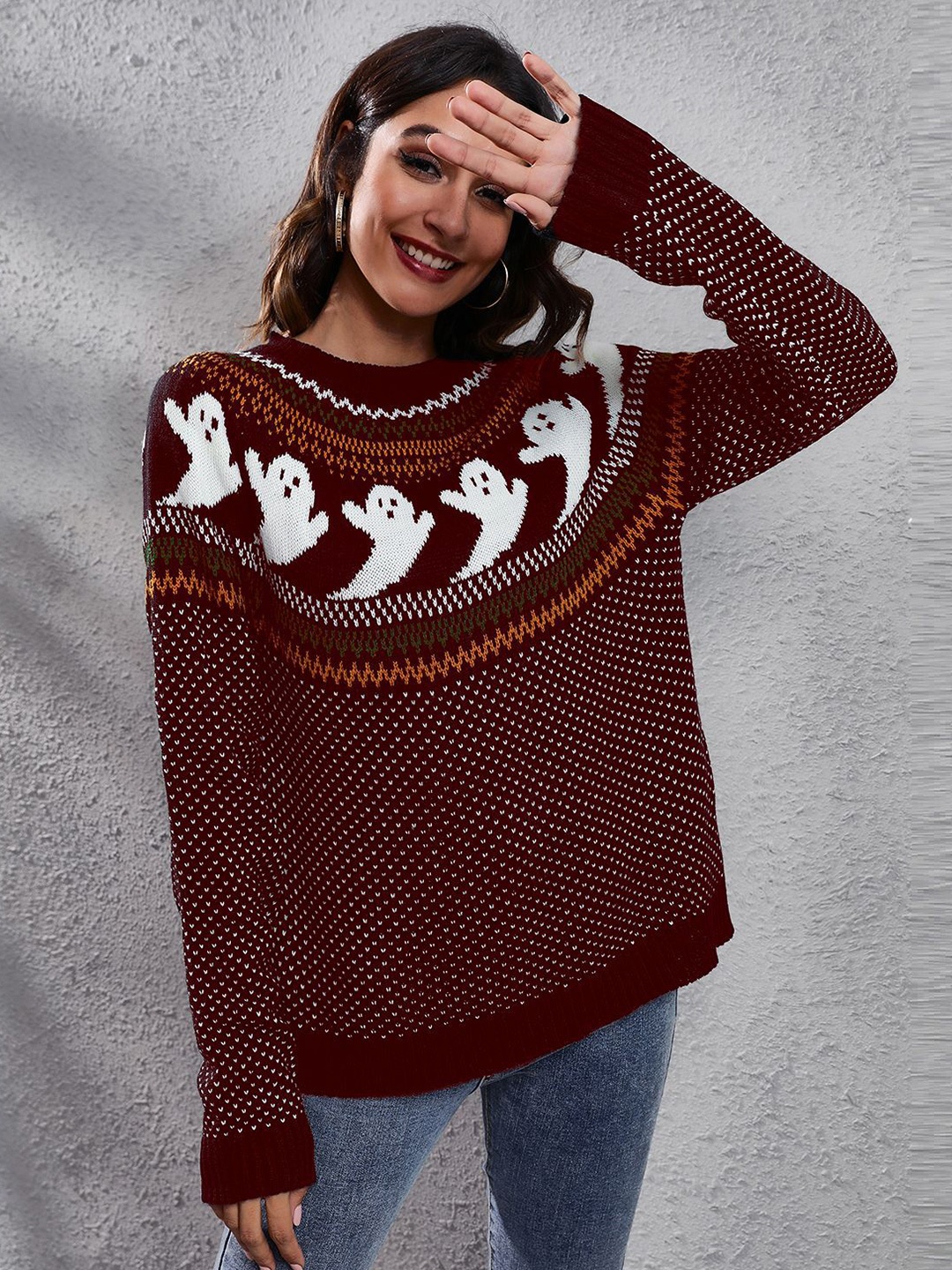 

StyleCast Maroon Geometric Printed Acrylic Pullover