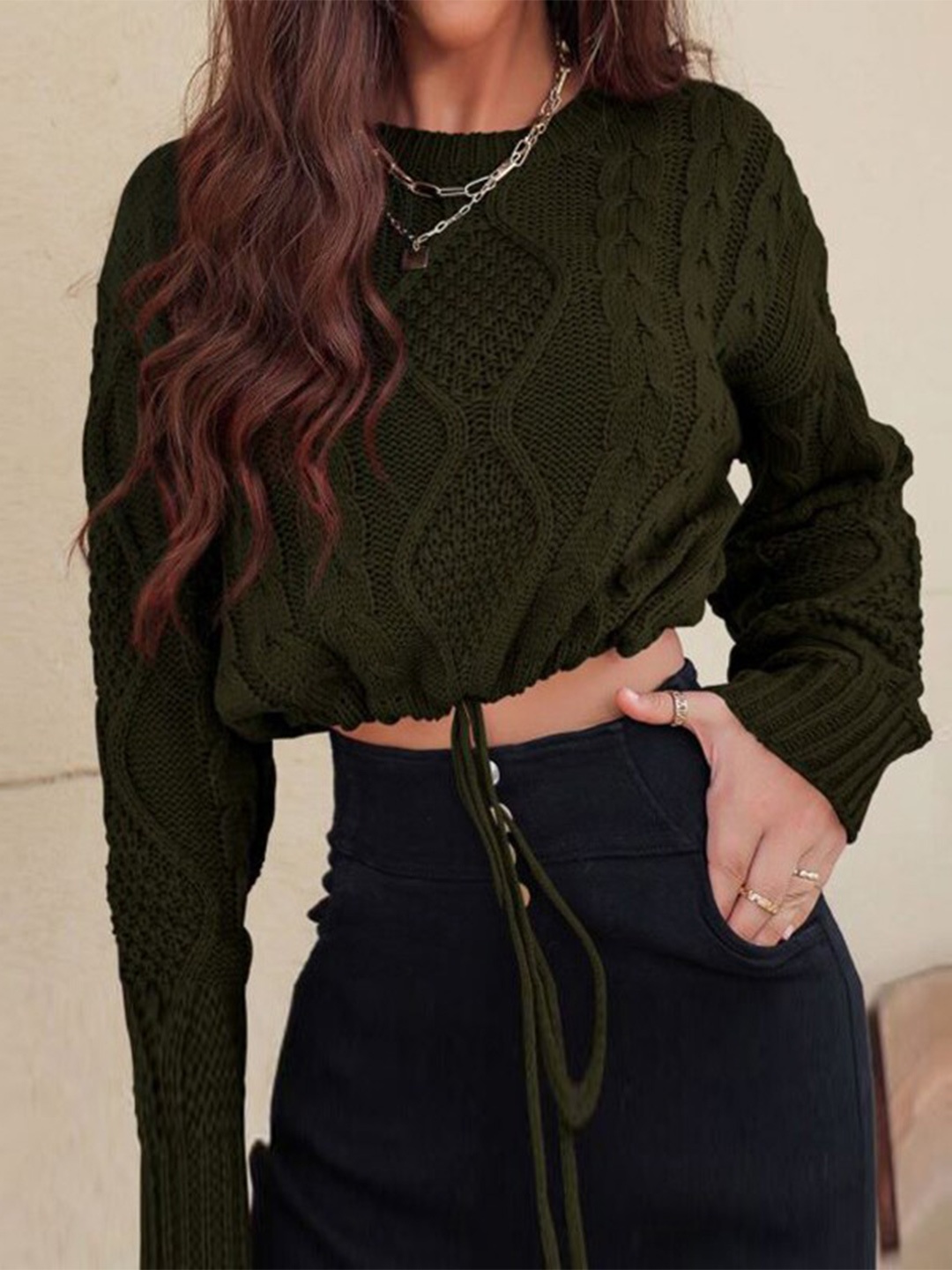 

StyleCast Green Self Design Cable Knit Crop Pullover Sweater