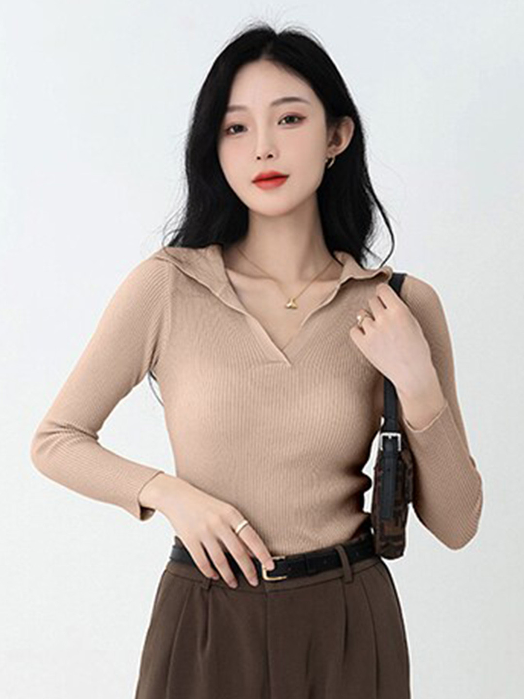 

StyleCast Beige Shirt Collar Pullover Acrylic Sweater