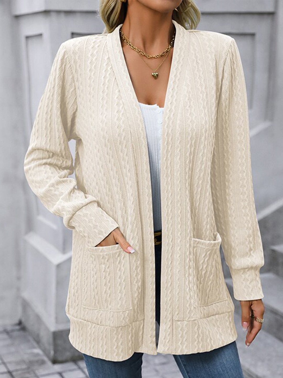 

StyleCast Cream-Coloured Self Design Longline Front-Open Sweater