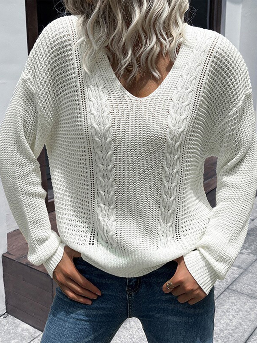 

StyleCast White Cable Knit Self Design V-Neck Pullover
