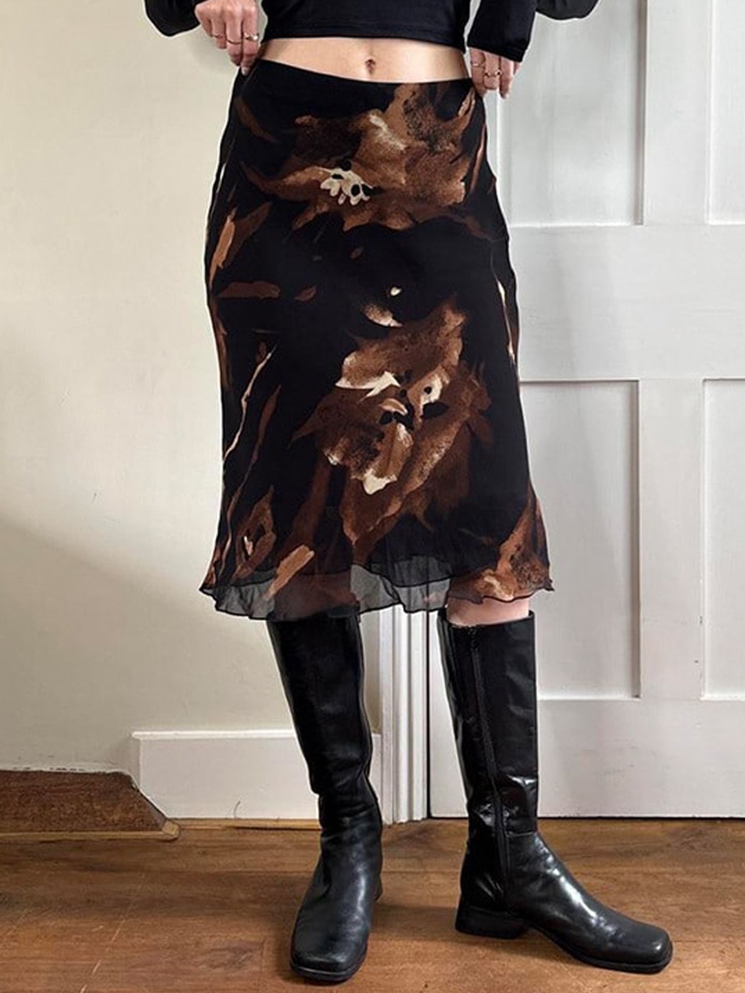 

StyleCast Brown & Black Printed Knee-Length Flared Skirt