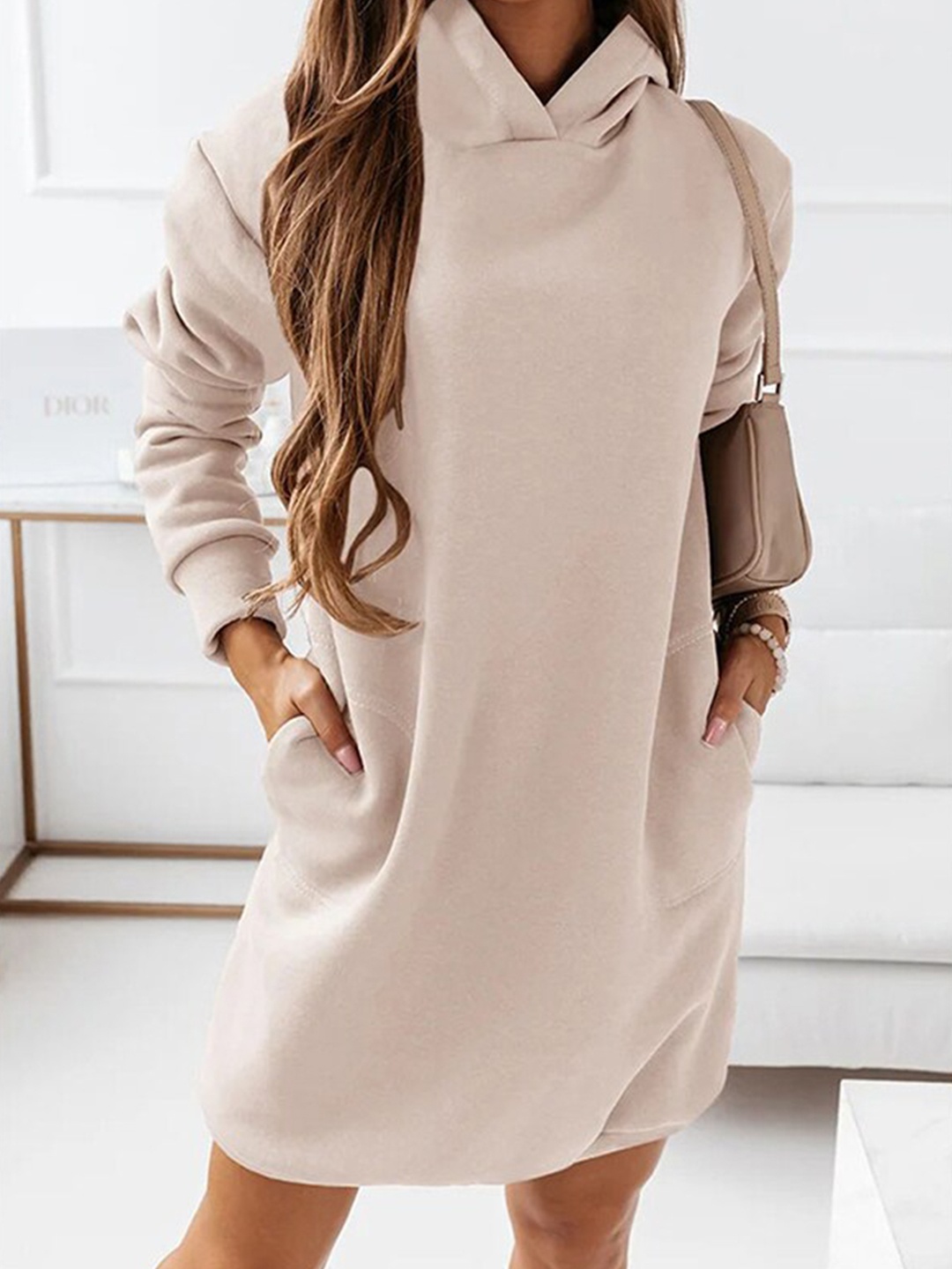 

StyleCast Beige Hooded Longline Pullover Sweatshirt