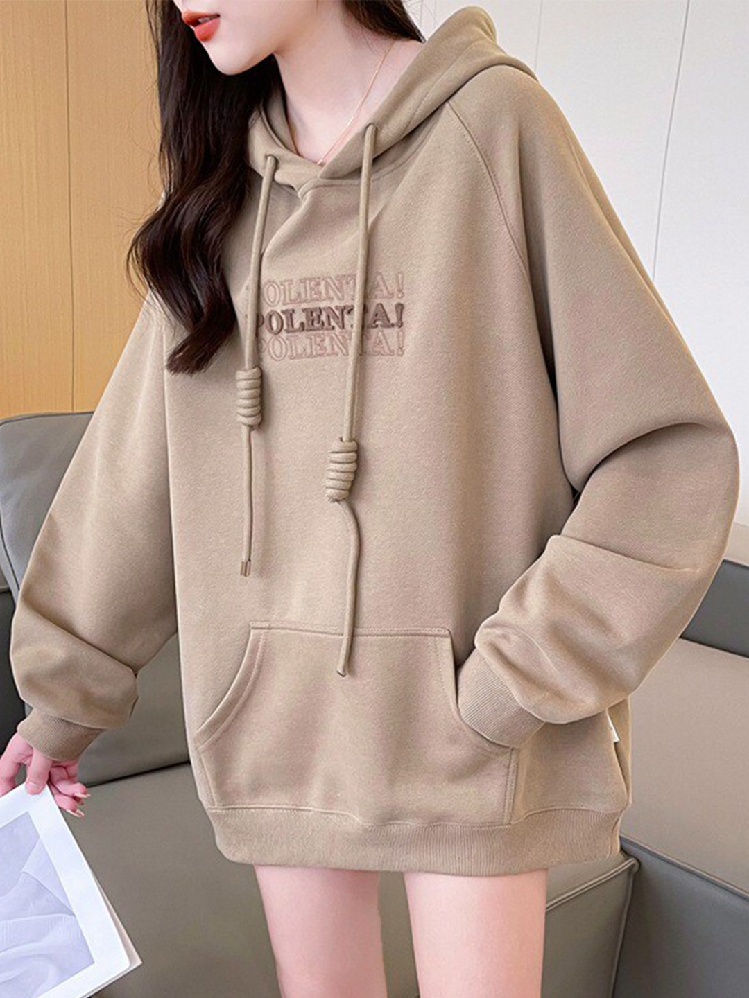 

StyleCast Beige Typography Printed Hooded Cotton Jumper Dress