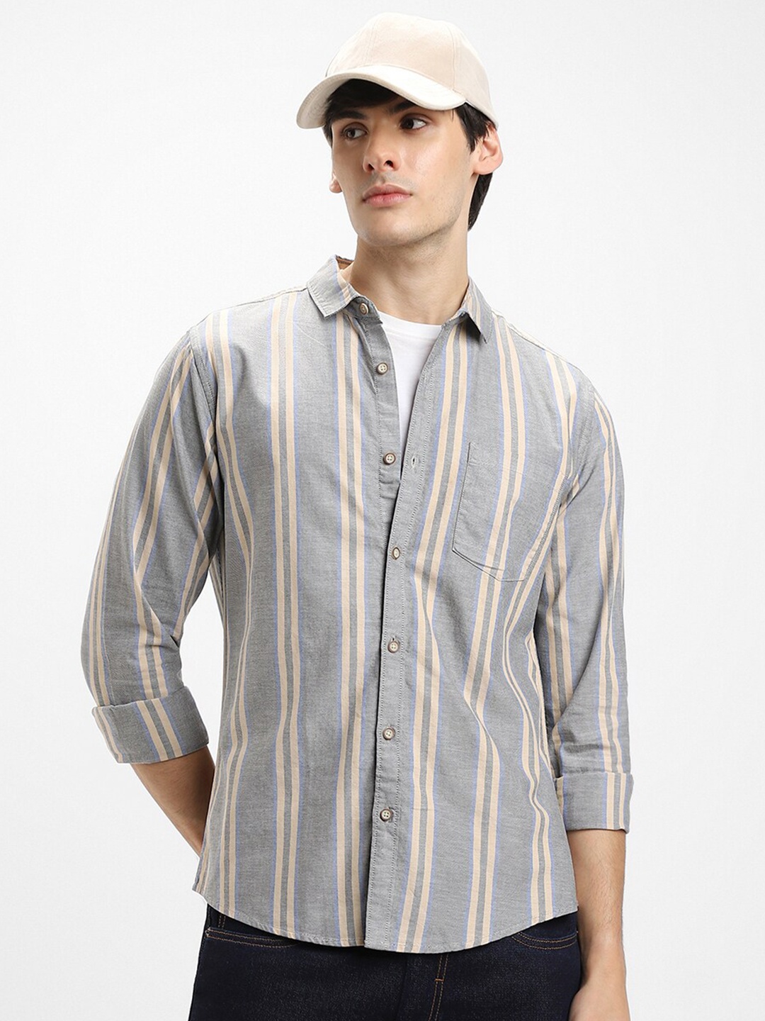 

Dennis Lingo Slim Fit Striped Pure Cotton Casual Shirt, Grey