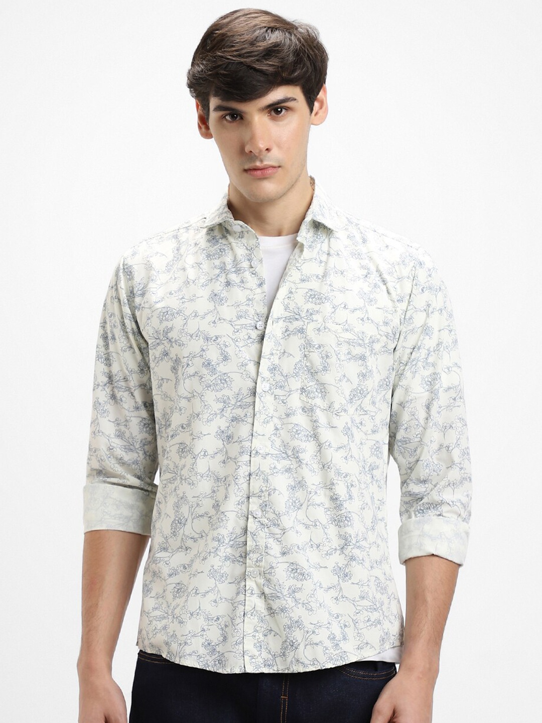

Dennis Lingo Slim Fit Floral Printed Pure Cotton Casual Shirt, Beige
