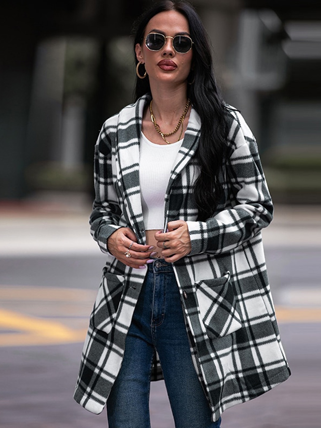 

StyleCast Black Checked Notched Lapel Overcoat