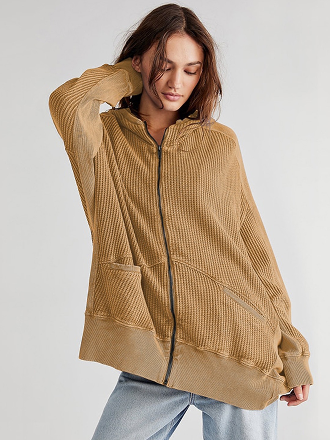 

StyleCast Brown Mock Collar Hooded Front-Open Overcoat