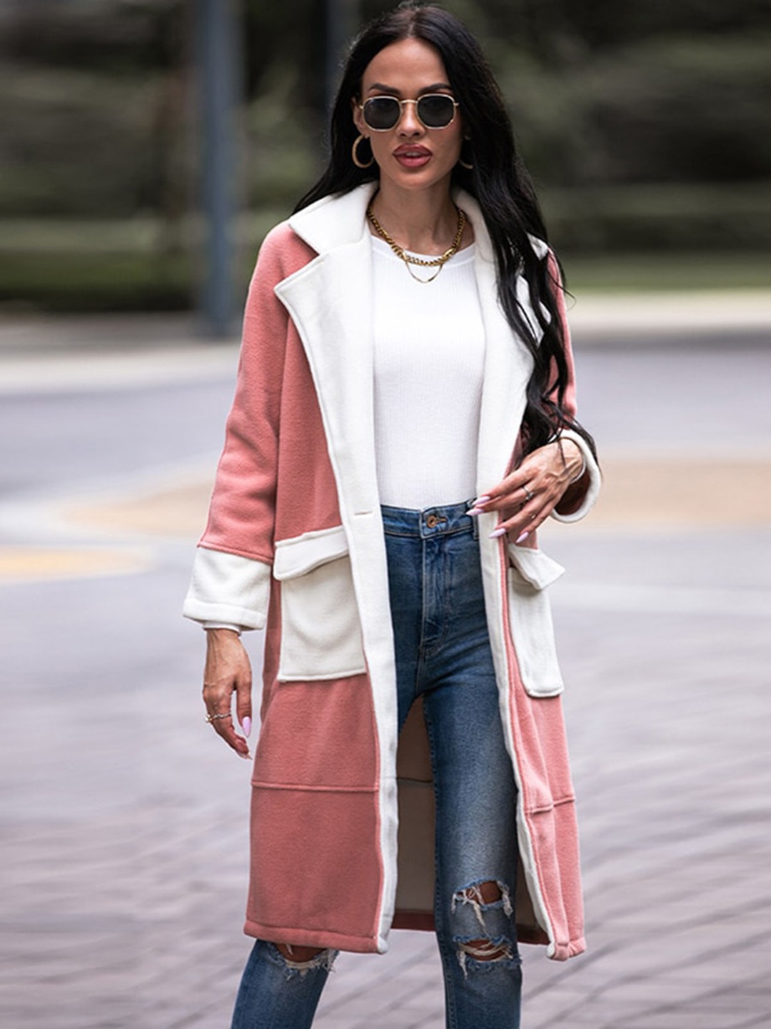 

StyleCast Pink Notched Lapel Collar Knee Length Front-Open Overcoat