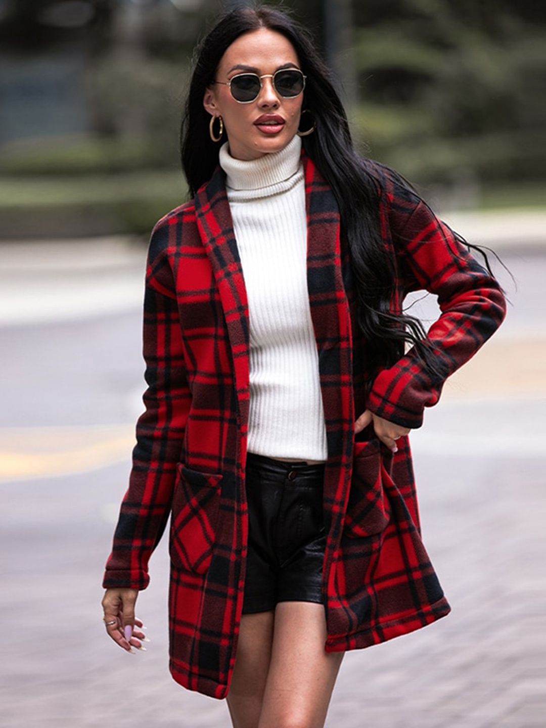 

StyleCast Red Checked Shawl Collar Single-Breasted Longline Overcoat