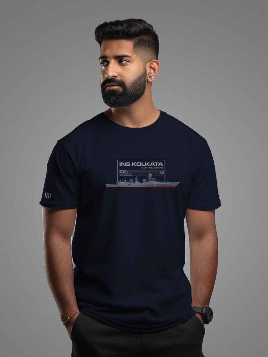 

Aero Armour Unisex Typography Printed Cotton Casual T-shirt, Navy blue