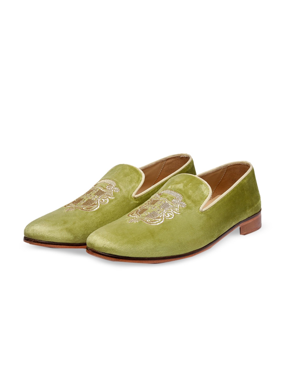 

SHUTIQ Men Embellished Velvet Comfort Insole Ethnic Loafers, Green