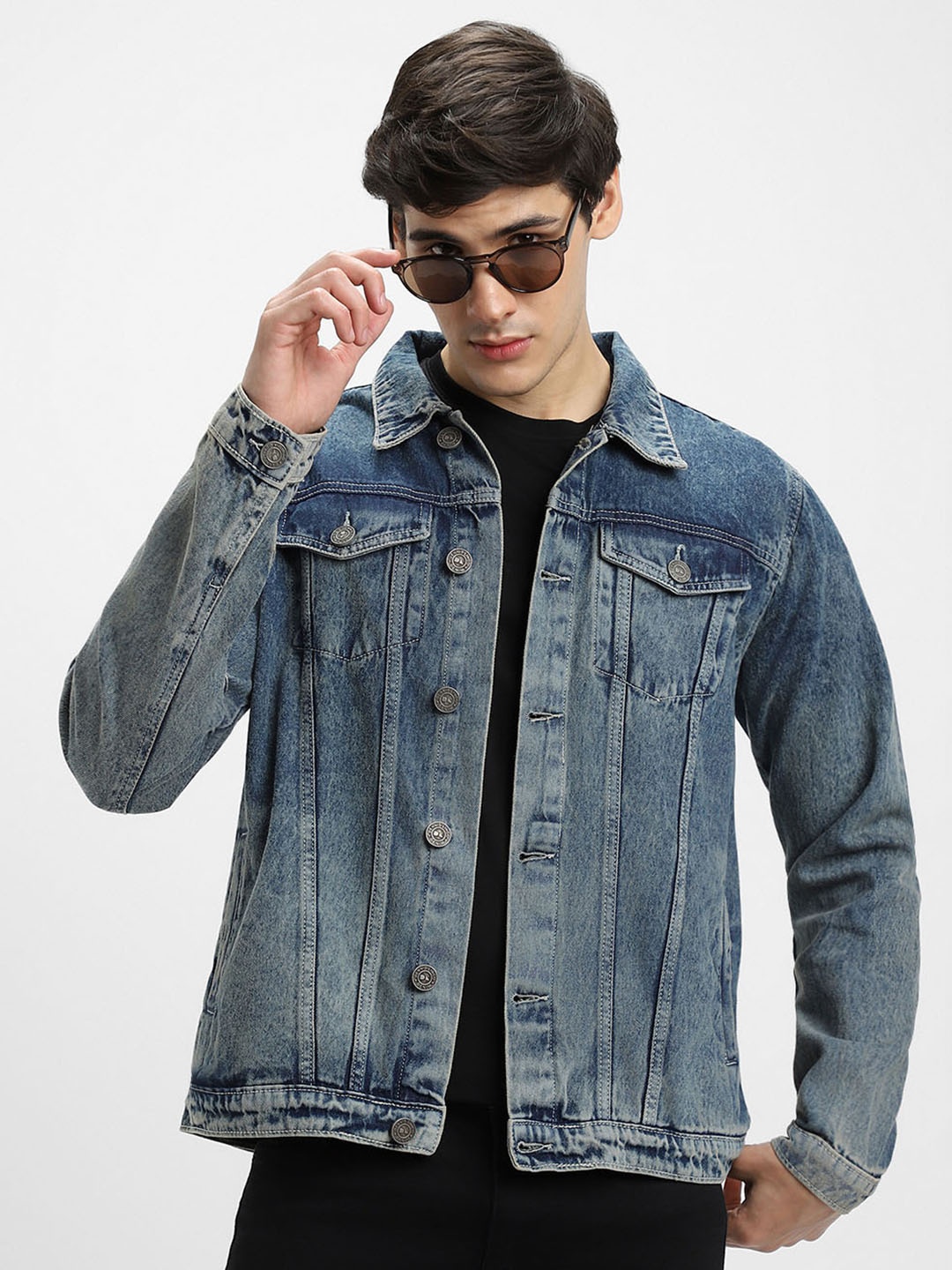 

Dennis Lingo Spread Collar Washed Denim Cotton Jacket, Blue