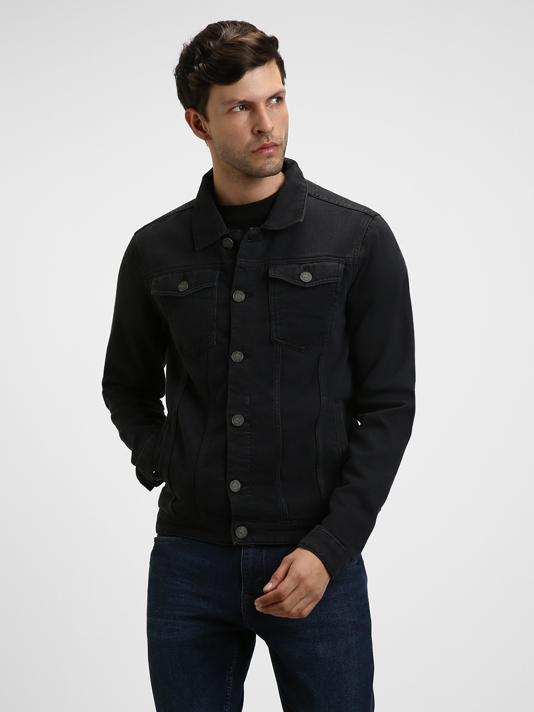 

Dennis Lingo Spread Collar Washed Denim Pure Cotton Jacket, Black