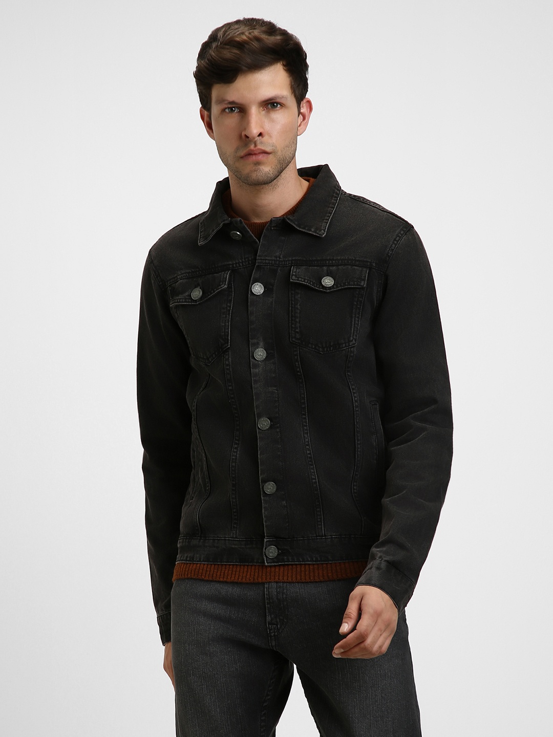 

Dennis Lingo Spread Collar Washed Denim Cotton Jacket, Black