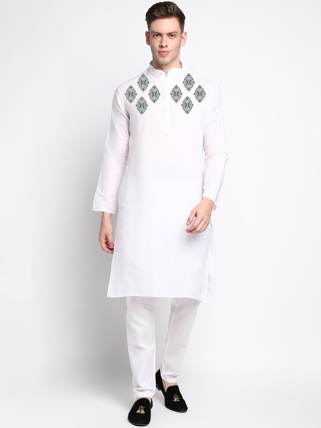 

DEVOILER Ethnic Motifs Printed Band Collar Long Sleeve Regular Kurta With Pyjama, White