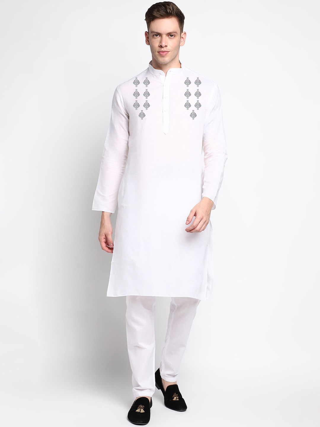 

DEVOILER Ethnic Motifs Yoke Design Band Collar Straight Kurta With Pyjamas, White