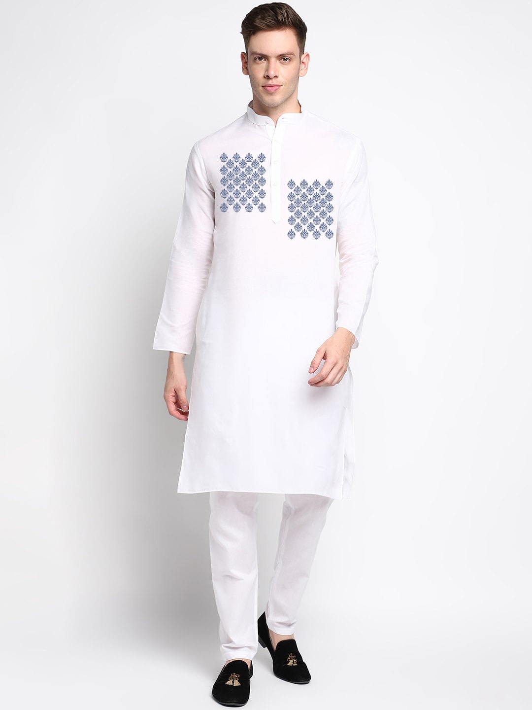 

DEVOILER Ethnic Motifs Printed Band Collar White Romance Straight Kurta with Pyjamas